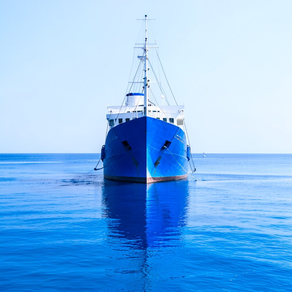 Industrial deck barge moored at a riverside terminal with calm water and clear sky
